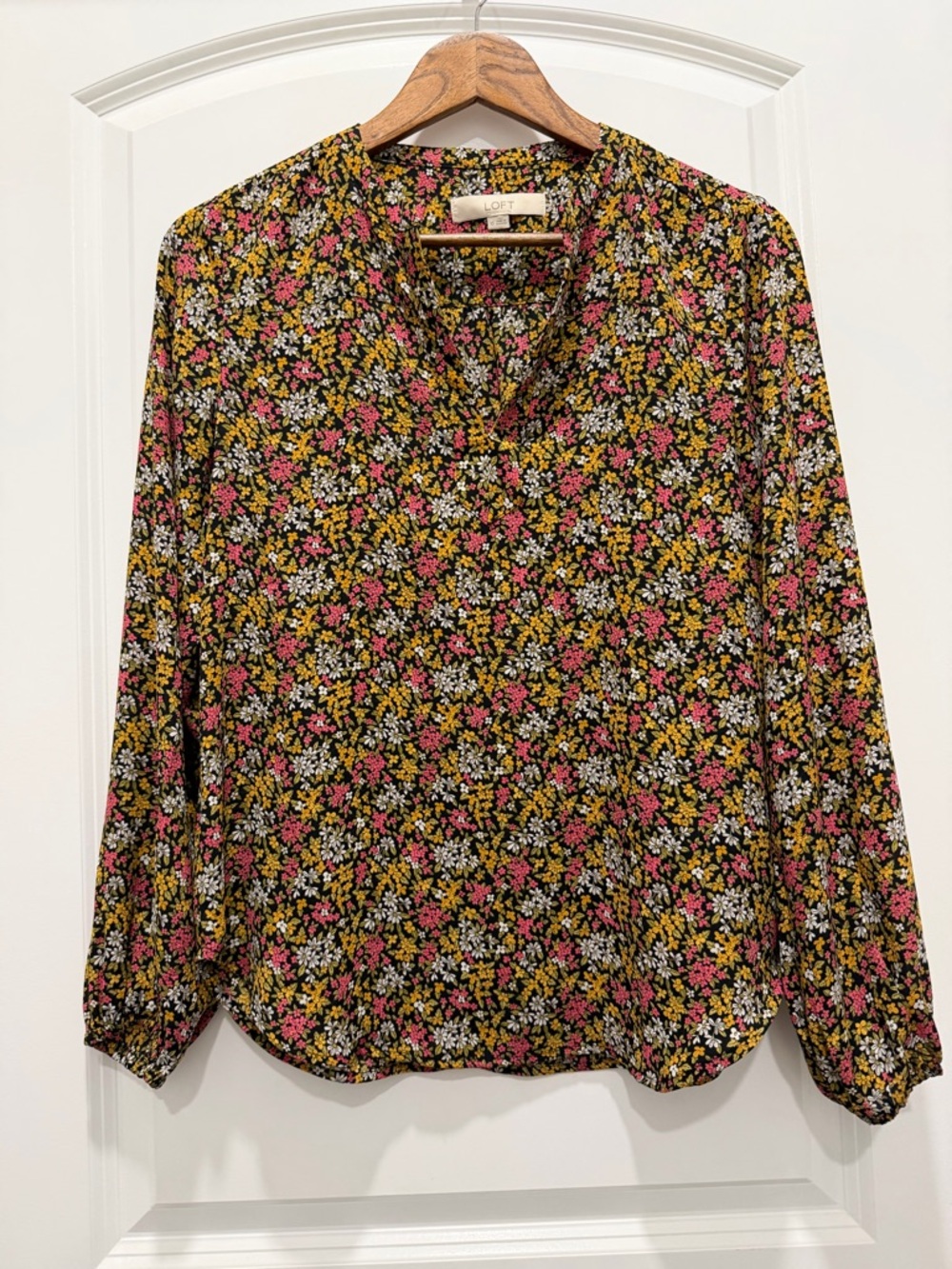 LOFT Black Floral Split-Neck Long-Sleeve Blouse with Pink and Yellow Flowers